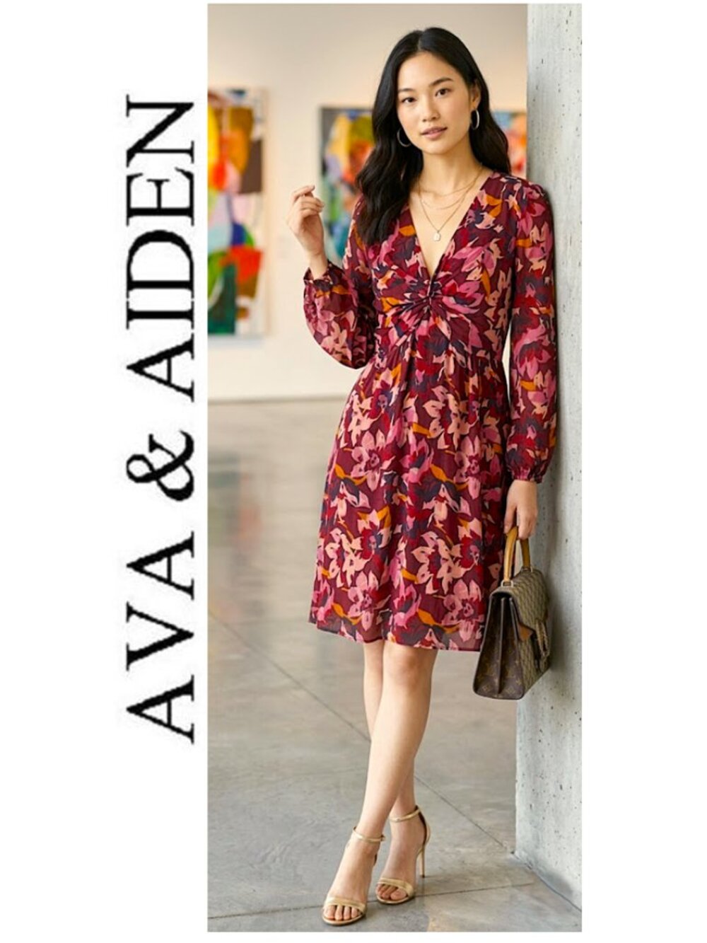 (3 for $30) AVA & AIDAN - Magenta, purple floral v-neck long sleeve midi dress